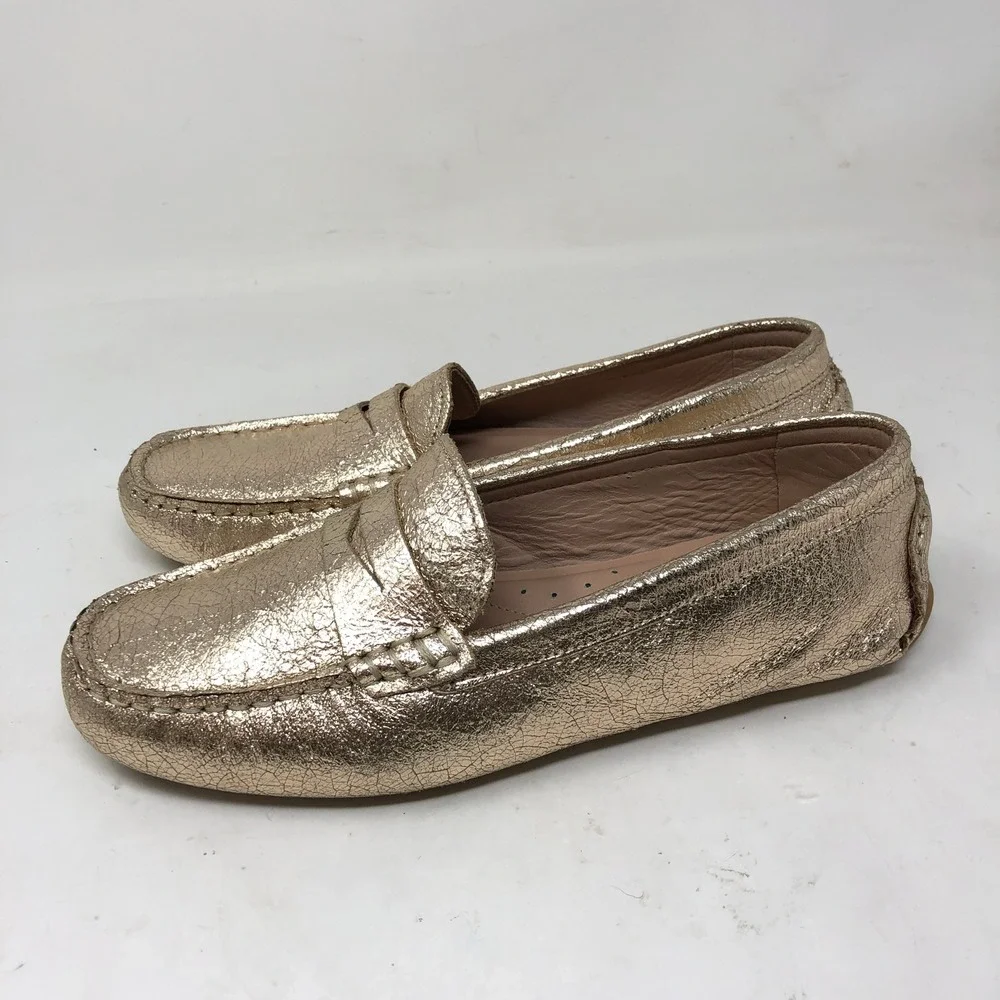 Flag Ltd Womens 6.5 Metallic Gold Leather Penny‎ Loafers Driving Shoe
